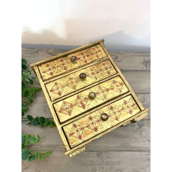 Vintage Italian Florentine Gilt Jewelry Chest Gold 4-Drawer Ornate Vanity Box - Picture 10 of 10